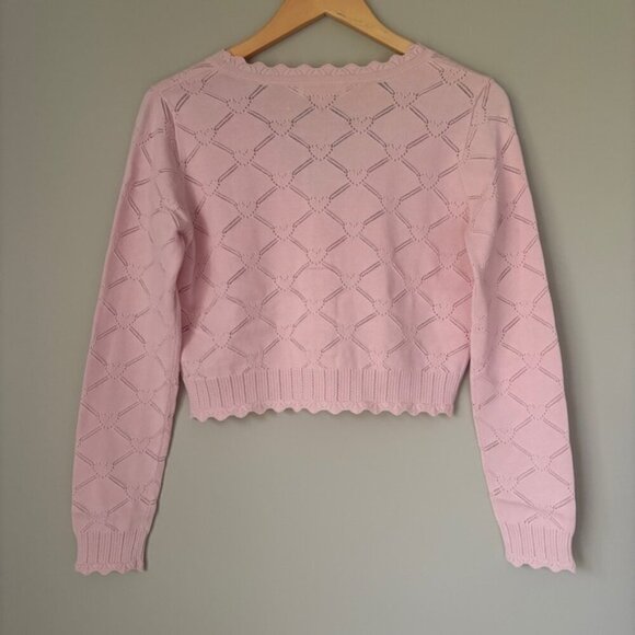 NWT LoveShackFancy Petra Knit Pointelle Heart Argyle Cardigan Velour Pink | S - Picture 6 of 11